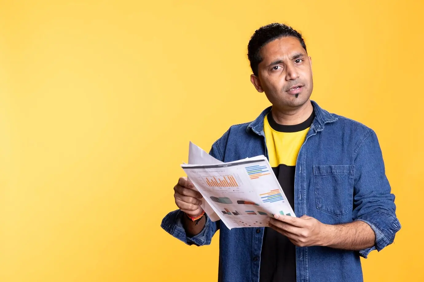 Уверенный индийский парень просматривает документы по финансовому аудиту в студии.